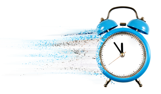 Time flows swiftly as a blue alarm clock dissolves into vibrant fragments against a clear background
