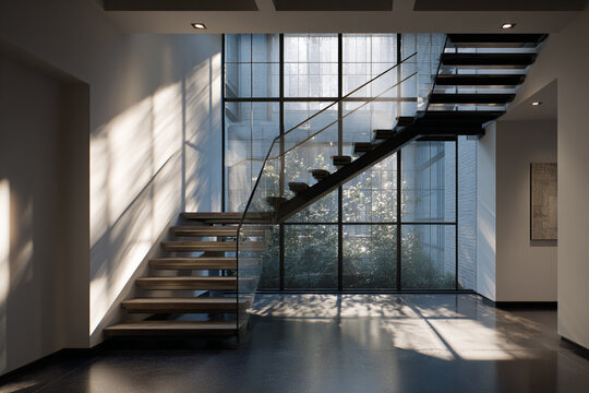 Modern architectural interior with elegant staircase, natural light, and glass railing creating a stunning, sophisticated space for luxury living