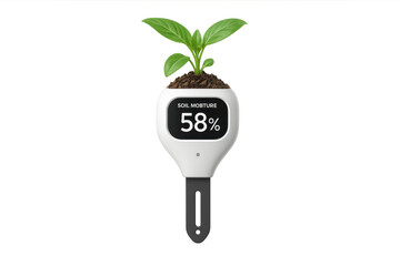 Soil moisture meter showing 58 percent with growing plant and transparent background