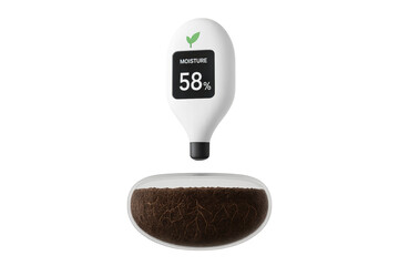 Soil moisture meter measuring humidity percentage in transparent background