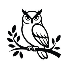 Black and white illustration of an owl perched on a branch