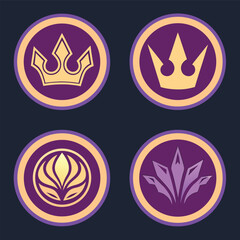 Collection of four kingdom hearts inspired emblems featuring crowns and magical symbols on a dark purple background