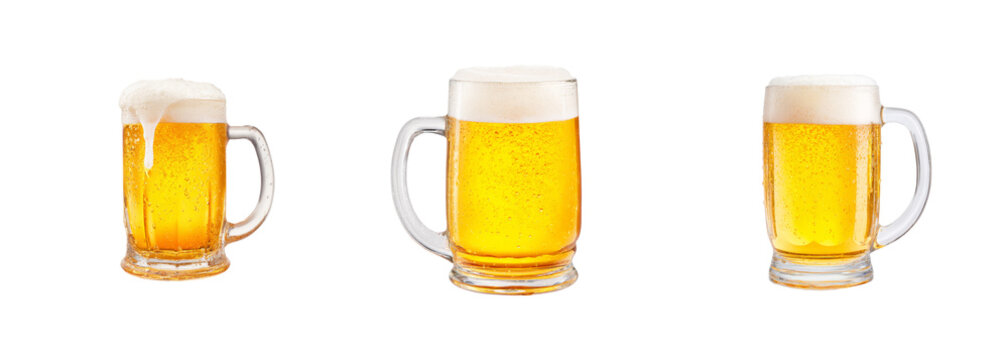 Three refreshing cold beer mug with foamy head, condensation droplets, isolated on black background, PNG set, transparent background - Powered by Adobe