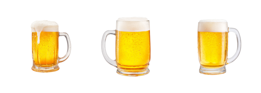 Three refreshing cold beer mug with foamy head, condensation droplets, isolated on black background, PNG set, transparent background