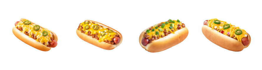 Collection of four delicious chili cheese hot dogs with various toppings, studio shot, isolated on black background, PNG set, transparent background