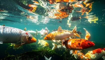 Underwater koi fish in a pond