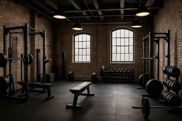 Industrial-style gym interior with exposed brick walls, heavy-duty machinery, and black rubber flooring.