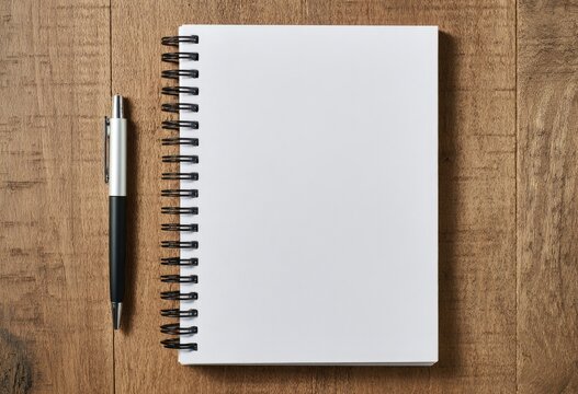 A blank spiral-bound notebook rests on a wooden table, next to a pen