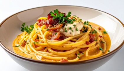 A tantalizing plate of creamy spaghetti, an exquisite gourmet pasta dish adorned with crispy bacon bits and vibrant fresh parsley, offering a delightful culinary experience