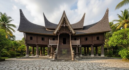 Fototapeta premium A stately wooden house with distinctive, peaked roofs stands proudly amidst lush tropical greenery.