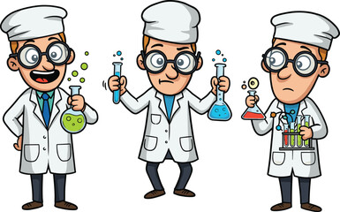 Cartoon scientists conducting colorful lab experiments with glassware, test tubes, flasks, chemical reactions, and laboratory equipment in white coats