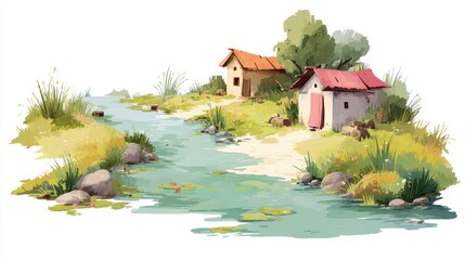 Tranquil rural landscape fresh stream and village well for community connection