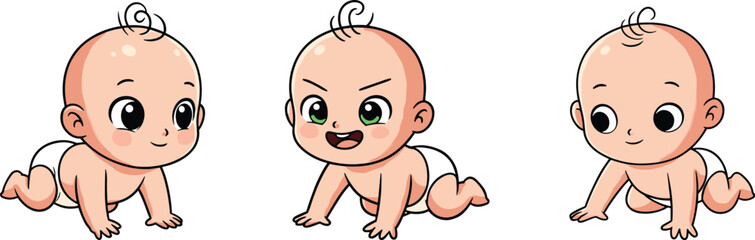 Crawling baby cartoon character set with expressive faces&mdash;happy, excited, gentle&mdash;for parenting, education, animation, emotion study, and design kits