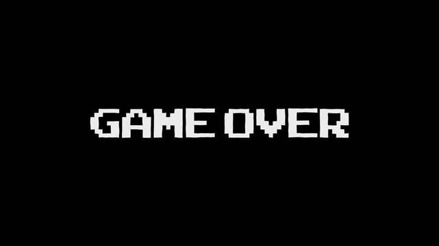 Pixelated Game Over message on black background, reminiscent of classic video games. black + alpha background, signifying defeat retro video game motion vintage