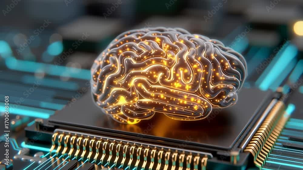 Poster a computer chip with a brain on it. the brain is glowing and the chip is blue. concept of technology