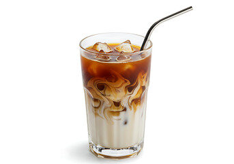 iced coffee with milk swirl and metal straw in clear glass isolated on white background