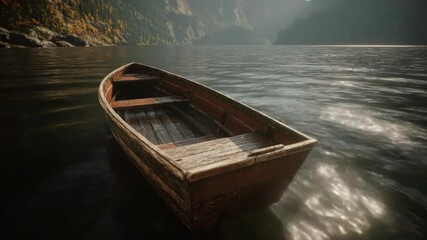 Old wooden rowboat drifting on a serene lake with forested mountains in the background, under warm natural light, conveying solitude and peace - Powered by Adobe