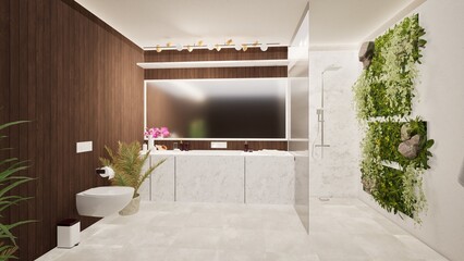Modern bathroom with minimalist design featuring marble vanity, wooden accent wall, lush vertical garden, and sleek shower. Bright, clean space with contemporary decor, ideal for luxury home interior