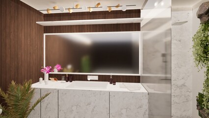 Modern bathroom with minimalist design featuring marble vanity, wooden accent wall, lush vertical garden, and sleek shower. Bright, clean space with contemporary decor, ideal for luxury home interior