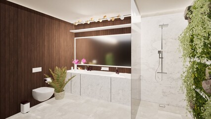 Modern bathroom with minimalist design featuring marble vanity, wooden accent wall, lush vertical garden, and sleek shower. Bright, clean space with contemporary decor, ideal for luxury home interior