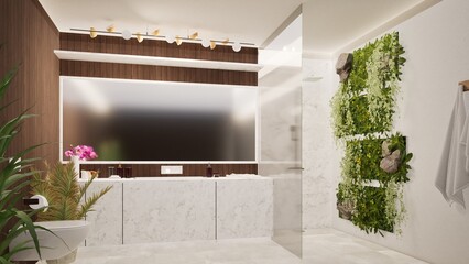 Modern bathroom with minimalist design featuring marble vanity, wooden accent wall, lush vertical garden, and sleek shower. Bright, clean space with contemporary decor, ideal for luxury home interior
