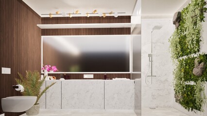Modern bathroom with minimalist design featuring marble vanity, wooden accent wall, lush vertical garden, and sleek shower. Bright, clean space with contemporary decor, ideal for luxury home interior