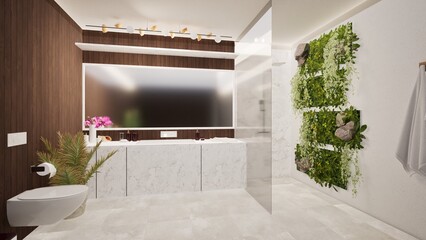 Modern bathroom with minimalist design featuring marble vanity, wooden accent wall, lush vertical garden, and sleek shower. Bright, clean space with contemporary decor, ideal for luxury home interior