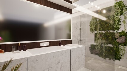 Modern bathroom with minimalist design featuring marble vanity, wooden accent wall, lush vertical garden, and sleek shower. Bright, clean space with contemporary decor, ideal for luxury home interior