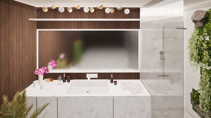 Modern bathroom with minimalist design featuring marble vanity, wooden accent wall, lush vertical garden, and sleek shower. Bright, clean space with contemporary decor, ideal for luxury home interior