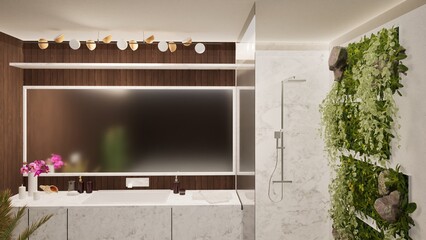 Modern bathroom with minimalist design featuring marble vanity, wooden accent wall, lush vertical garden, and sleek shower. Bright, clean space with contemporary decor, ideal for luxury home interior