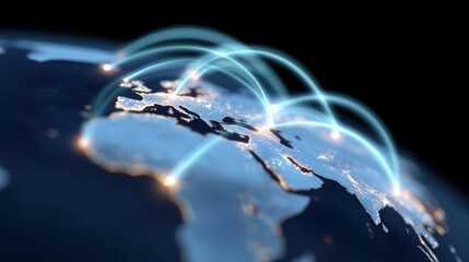 A conceptual image of a global business network with interconnected data lines across the world map.