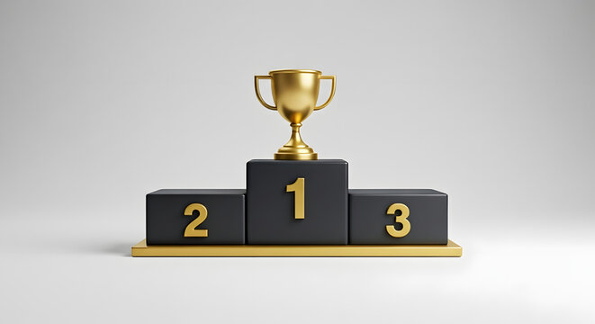 A gold trophy on a winners podium with numbers 1, 2, and 3
