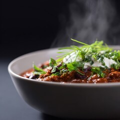 A close-up of a steaming bowl of spicy chili topped with fresh herbs and a dollop of sour cream