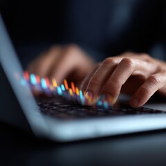 Close-up of hands typing on a laptop keyboard with holographic financial charts floating above the device