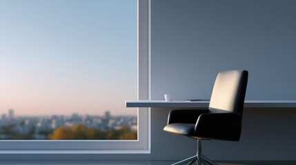 A minimalist office background with a clean desk, a chair, and a view of a city through a large window.