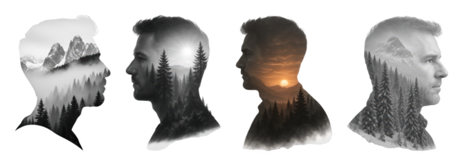Double exposure portraits set including male profiles and nature landscapes isolated. Conceptual art for mind and environment themes.