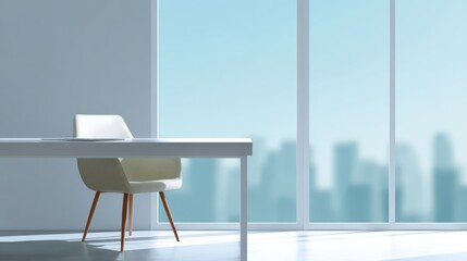 A minimalist office background with a clean desk, a chair, and a view of a city through a large window.