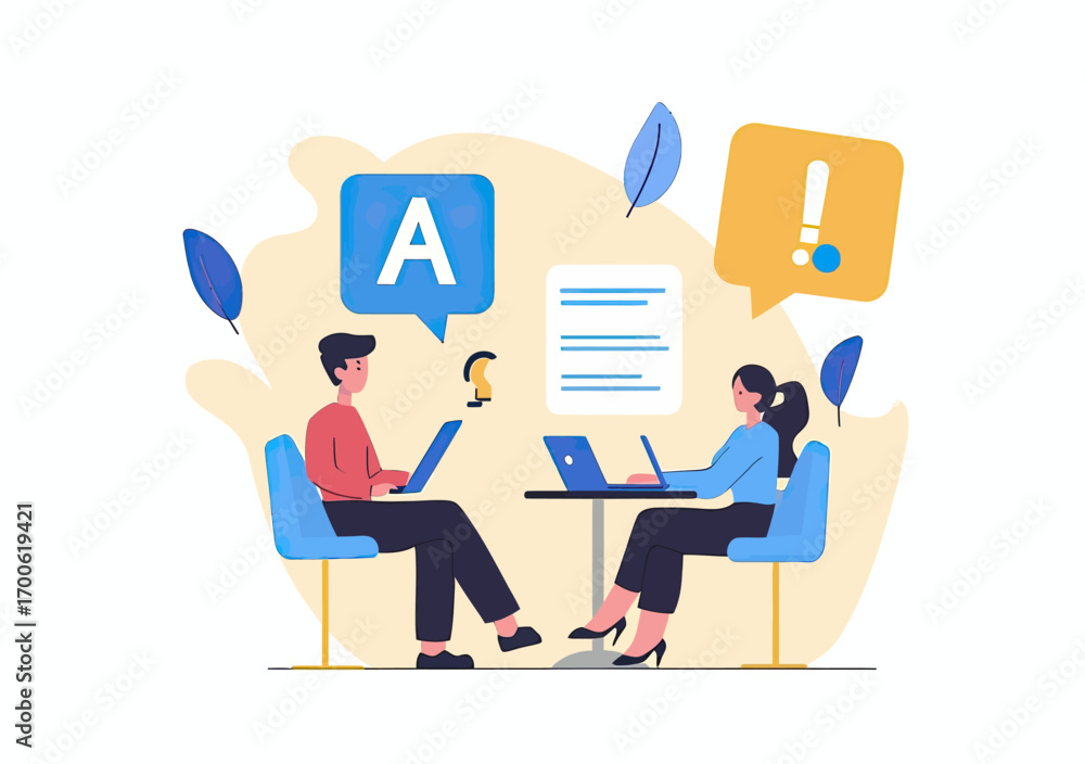 Poster Business people sitting at table with laptops communicating using question and answer speech bubbles for problem solving and information exchange concept vector illustration