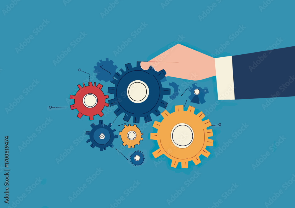 Poster business hand holding colorful interconnected gears symbolizing teamwork, strategy, innovation, and 