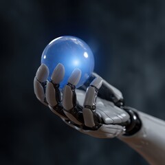 Close-up of a robotic hand gently holding a glowing blue orb symbolizing artificial intelligence and innovation on a dark background