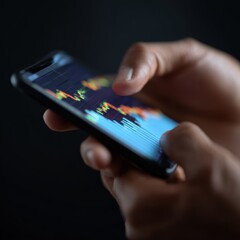 Close-up of hands holding a smartphone showing cryptocurrency market trends with holographic charts