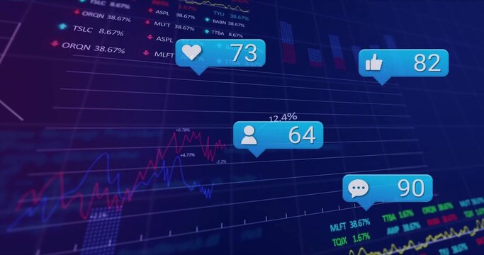 Displaying financial chart on analytics screen, with line graphs, percent labels and social icons