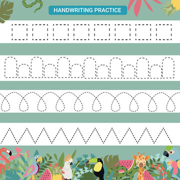 Handwriting Practice Worksheet for Kids with Jungle Animals &ndash; Tracing Lines and Shapes