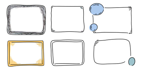 Set of six hand drawn doodle style rectangular, square, and speech bubble quote boxes and text frames in minimalist sketch style vector illustration