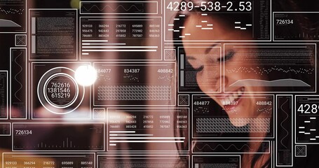 Smiling Chinese woman leaning toward floating data panels with light flare at tech hub, copy space