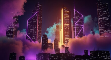 Obraz premium Futuristic Cityscape Illuminated by Neon Lights and Clouds