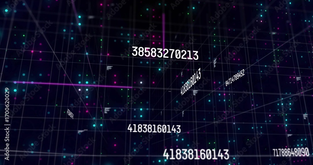 Aufkleber floating numeric codes and teal pink luminous points filling 3d grid space, with glowing grid lines