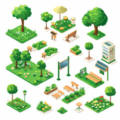 Isometric vector illustration of urban park elements including green trees bushes flower beds wooden benches solar panels vending machine lanterns and umbrellas isolated on white background