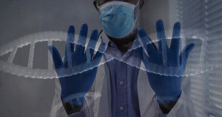 Examining doctor wearing mask gloves coat analyzing DNA helix projection in lab, with stethoscope