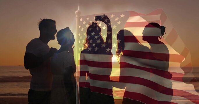 Five friends snapping smartphone selfie on beach at sunset, with translucent American flag overlay